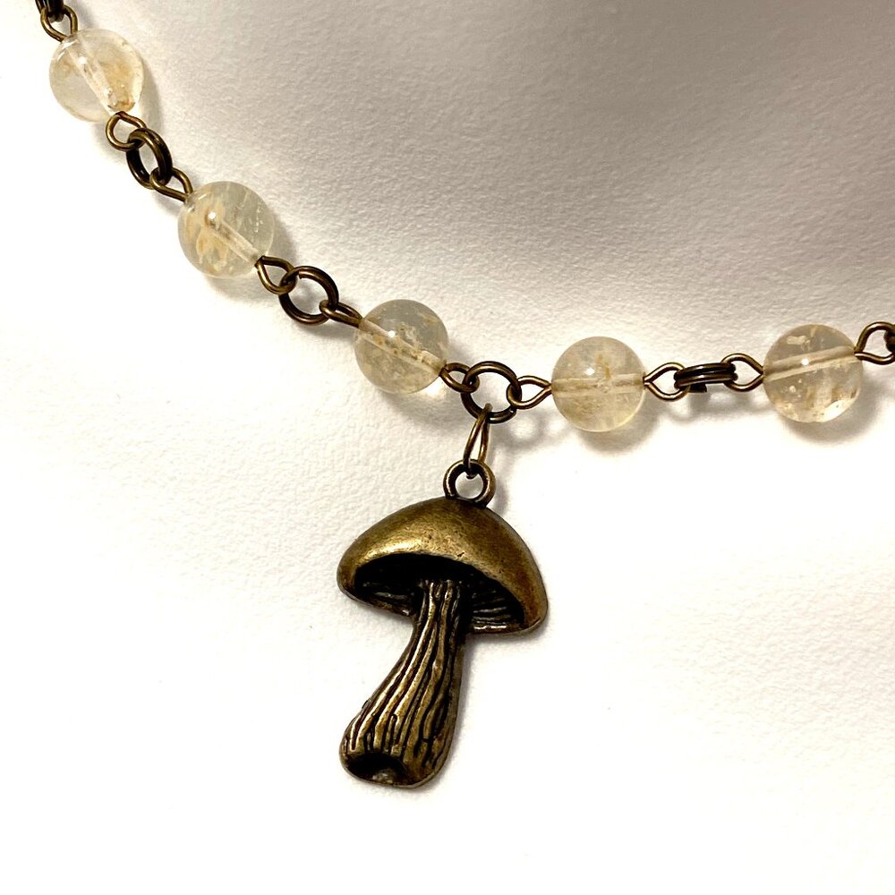 Natural Golden Rutilated Quartz Choker, Bronze Slim Mushroom + Genuine Gemstone
